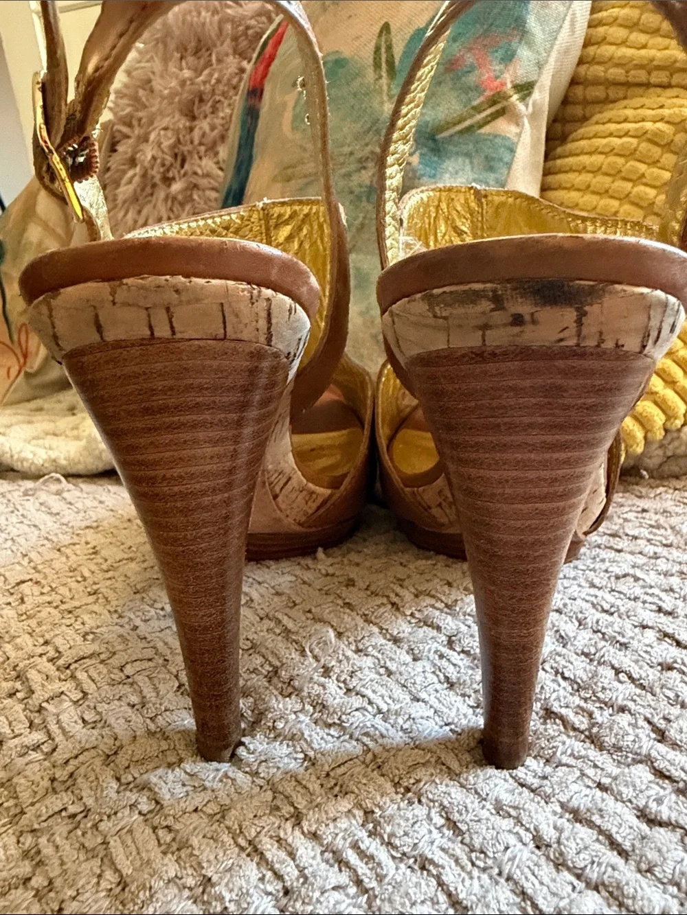 Charles David Tan Leather Peep-Toe Platform Slingbacks Size 7.5B